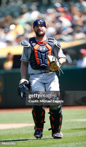 Brian McCann of the Houston Astros stands on the field during the game against the Oakland Athletics at the Oakland Alameda Coliseum on June 14, 2018...