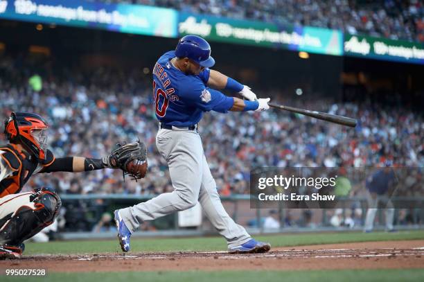 Willson Contreras of the Chicago Cubs bats against the San Francisco Giants at AT&T Park on July 9, 2018 in San Francisco, California.