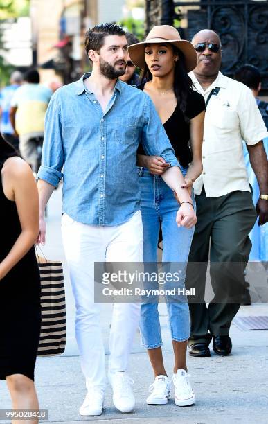 Model Jourdan Dunn is seen walking in SoHo on July 9, 2018 in New York City.