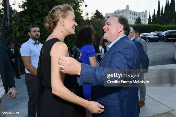 Yvonne Strahovski anbbd Bruce Miller attend "The Handmaid's Tale" Hulu finale at The Wilshire Ebell Theatre on July 9, 2018 in Los Angeles,...