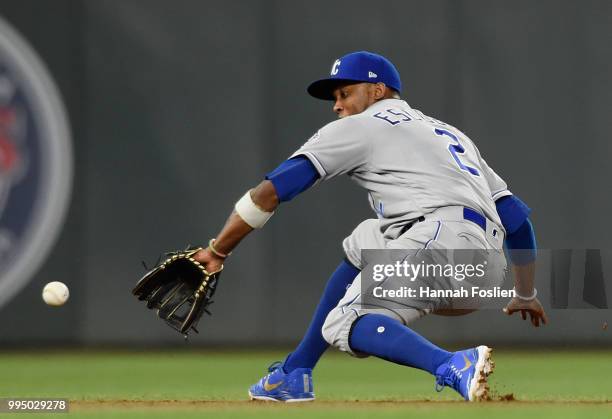 Alcides Escobar of the Kansas City Royals fields a ball off the bat of Jorge Polanco of the Minnesota Twins at shortstop during the sixth inning of...