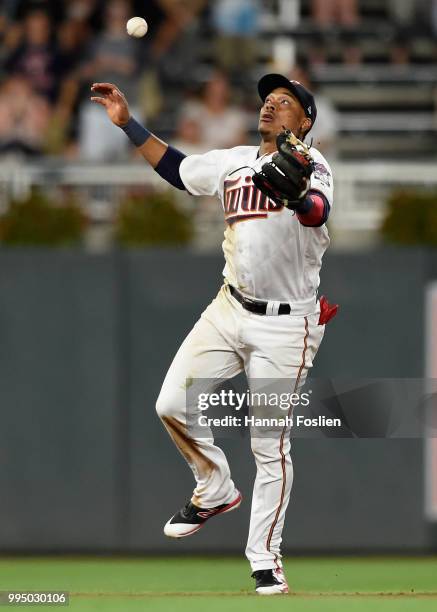 Jorge Polanco of the Minnesota Twins is unable to field a ball off the bat of Alex Gordon of the Kansas City Royals at shortstop during the ninth...