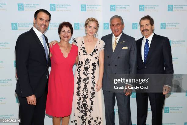Nolan Russo, Dr. Heather Grossman, Emily Blunt, Arthur Blank, and John Stossel attend the American Institute for Stuttering 12th Annual Freeing...