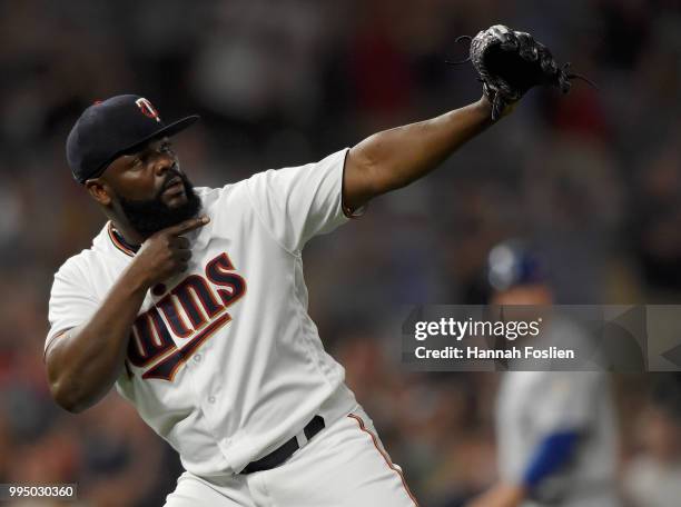 Fernando Rodney of the Minnesota Twins celebrates defeating the Kansas City Royals after the game on July 9, 2018 at Target Field in Minneapolis,...