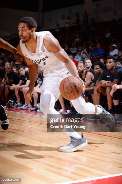 Isaiah Cousins of the Minnesota Timberwolves handles the ball during the game against the Brooklyn Nets during the 2018 Las Vegas Summer League on...