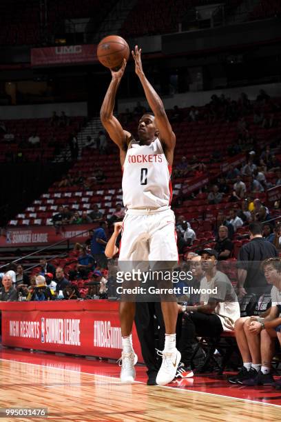 De'Anthony Melton of the Houston Rockets shoots the ball against the LA Clippers during the 2018 Las Vegas Summer League on July 9, 2018 at the...