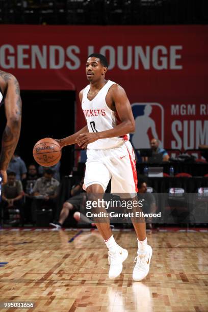 De'Anthony Melton of the Houston Rockets handles the ball against the LA Clippers during the 2018 Las Vegas Summer League on July 9, 2018 at the...