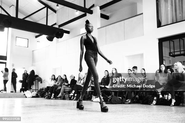 Model parades down the catwalk during the David Jones Spring Summer 18 Collections Launch Model Castings on July 10, 2018 in Melbourne, Australia.