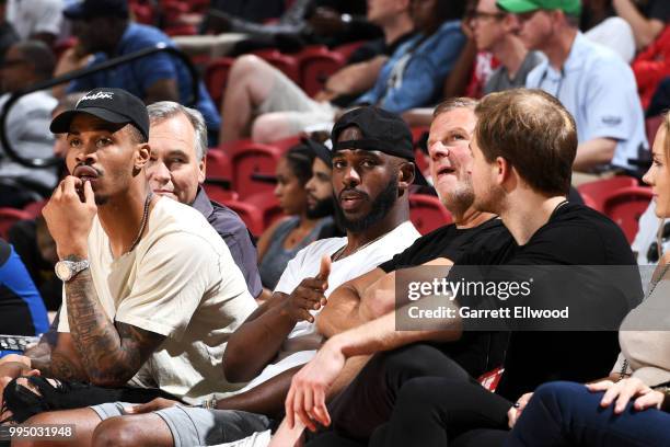 Gerald Green of the Houston Rockets and Chris Paul of the Houston Rockets look on during the game between Houston Rockets and LA Clippers during the...