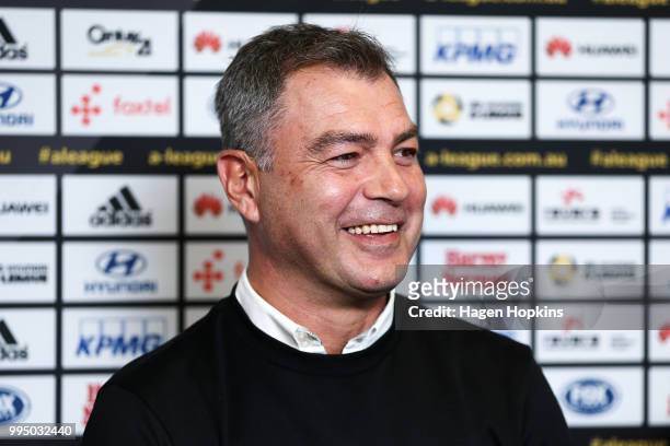 Coach Mark Rudan of the Phoenix speaks to media during a Wellington Phoenix player announcement at Westpac Stadium on July 10, 2018 in Wellington,...