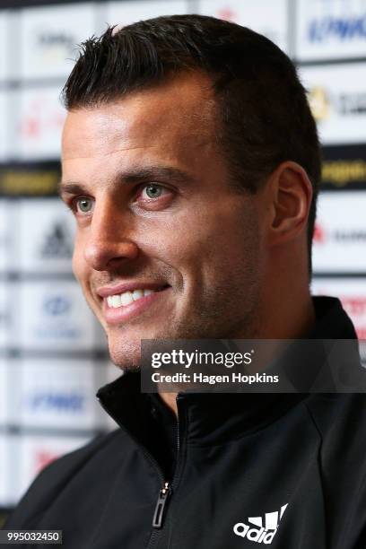 New Phoenix signing and former Newcastle United player Steven Taylor speaks to media during a Wellington Phoenix player announcement at Westpac...