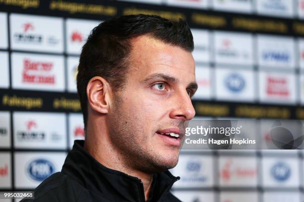 New Phoenix signing and former Newcastle United player Steven Taylor speaks to media during a Wellington Phoenix player announcement at Westpac...