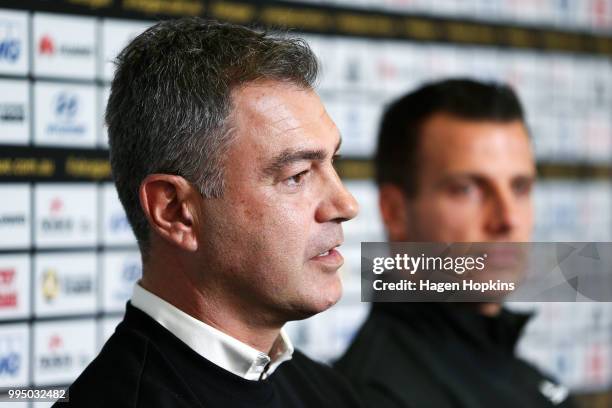 New Phoenix signing and former Newcastle United player Steven Taylor and coach Mark Rudan speak to media during a Wellington Phoenix player...