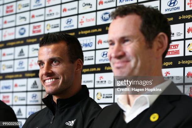 New Phoenix signing and former Newcastle United player Steven Taylor speaks to media while general manager David Dome during a Wellington Phoenix...