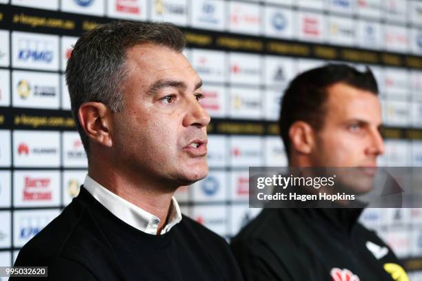 New Phoenix signing and former Newcastle United player Steven Taylor and coach Mark Rudan speak to media during a Wellington Phoenix player...