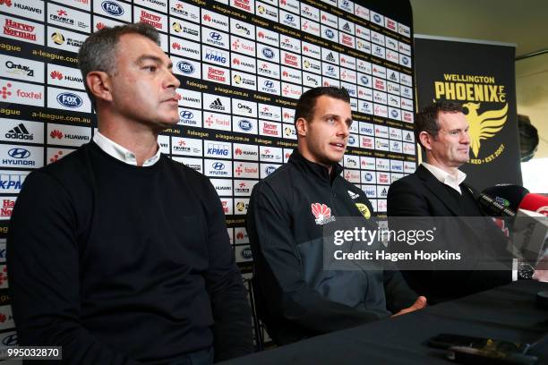 Coach Mark Rudan, new Phoenix signing and former Newcastle United player Steven Taylor, and general manager David Dome speak to media during a...