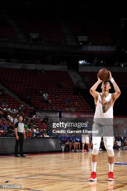 Zhou Qi of the Houston Rockets shoots the ball against the LA Clippers during the 2018 Las Vegas Summer League on July 9, 2018 at the Thomas & Mack...