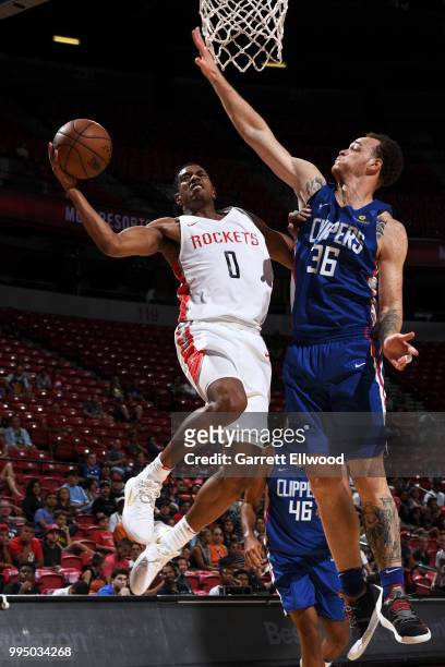 De'Anthony Melton of the Houston Rockets shoots the ball against the LA Clippers during the 2018 Las Vegas Summer League on July 9, 2018 at the...