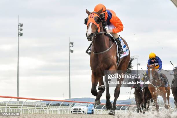 Riverina Dancer ridden by Damian Lane wins the Racing.com 2yo Fillies Maiden Plate at Racing.com Park Synthetic Racecourse on July 10, 2018 in...