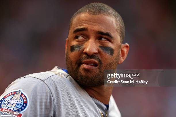 Matt Kemp of the Los Angeles Dodgers looks on during a game against the Los Angeles Angels of Anaheim at Angel Stadium on July 7, 2018 in Anaheim,...
