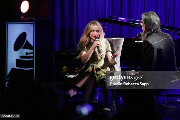 Sabrina Carpenter speaks with GRAMMY Museum Artistic Director Scott Goldman at Spotlight: Sabrina Carpenter at The GRAMMY Museum on July 9, 2018 in...