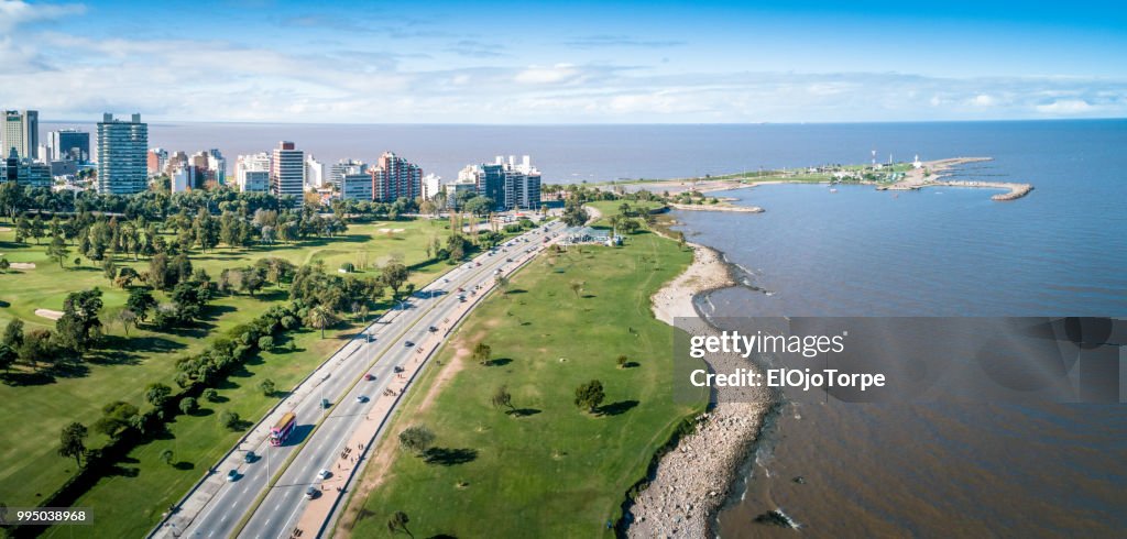 Aerial view, high angle view of Montevideo's coastline, Punta Carretas neighbourhood, Uruguay
