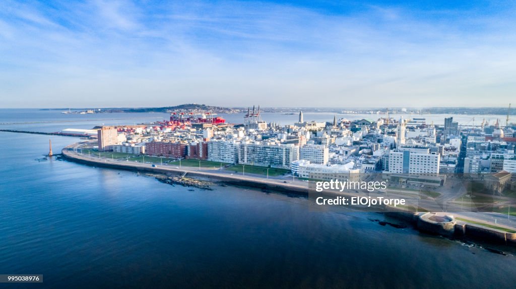Aerial view, high angle view of Montevideo's coastline, Ciudad Vieja neighbourhood, Uruguay