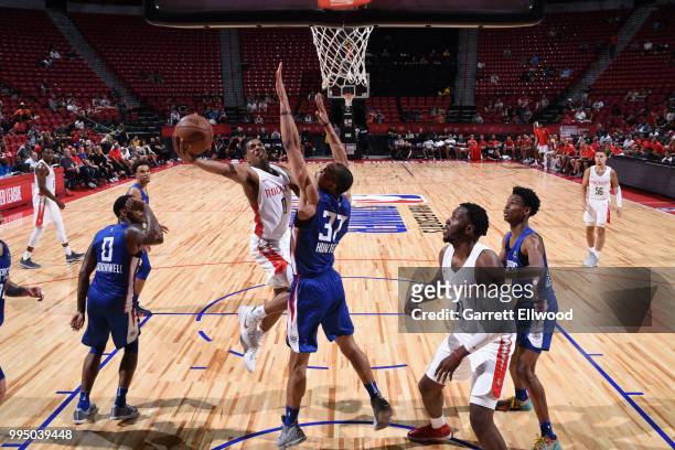 De'Anthony Melton of the Houston Rockets shoots a layup against the LA Clippers during the 2018 Las Vegas Summer League on July 9, 2018 at the Thomas...