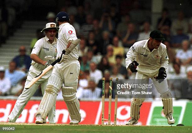 Darren Gough of England is stumped by Adam Gilchrist of Australia during the 4th day of the 5th Ashes Test between England and Australia at The AMP...