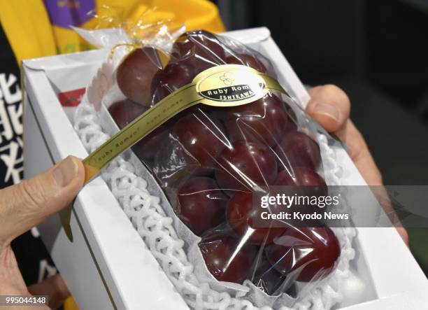 Photo shows a bunch of Ruby Roman table grapes that fetched 1.1 million yen at the season's first auction in Kanazawa, Ishikawa Prefecture, on July...