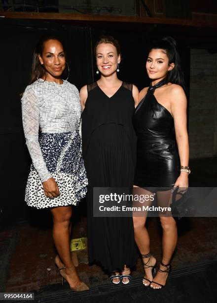 Amanda Brugel, Yvonne Strahovski and Kylie Jenner attend "The Handmaid's Tale" Hulu finale at The Wilshire Ebell Theatre on July 9, 2018 in Los...
