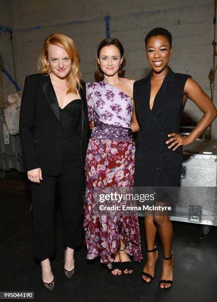 Elisabeth Moss, Alexis Bledel and Samira Wiley attend "The Handmaid's Tale" Hulu finale at The Wilshire Ebell Theatre on July 9, 2018 in Los Angeles,...