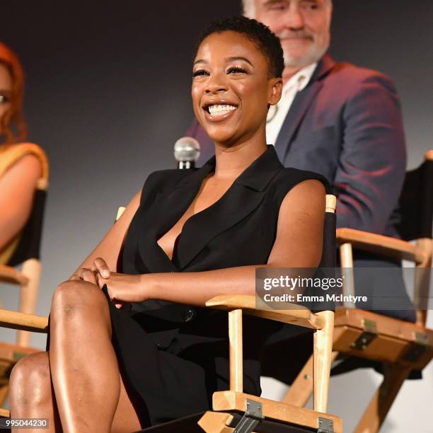 Samira Wiley speaks onstage during "The Handmaid's Tale" Hulu finale at The Wilshire Ebell Theatre on July 9, 2018 in Los Angeles, California.