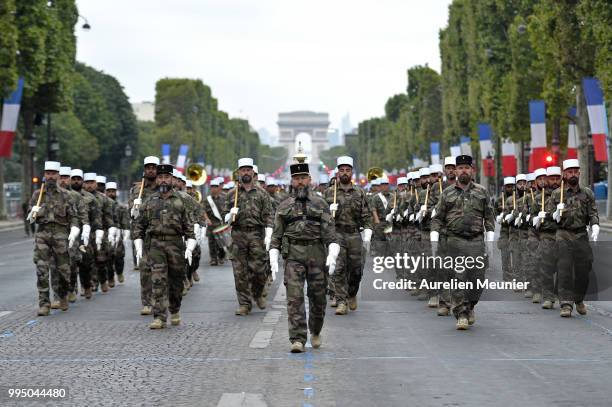 The French Foreign Legion march down the Champs Elysee during the Bastille Day military ceremony rehearsals on July 10, 2018 in Paris, France. The...