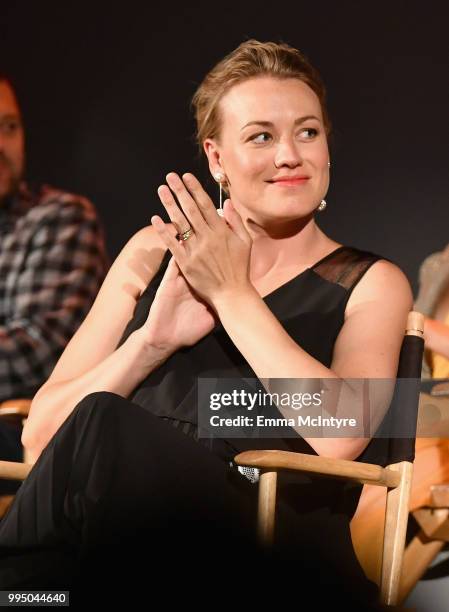 Yvonne Strahovski speaks onstage during "The Handmaid's Tale" Hulu finale at The Wilshire Ebell Theatre on July 9, 2018 in Los Angeles, California.