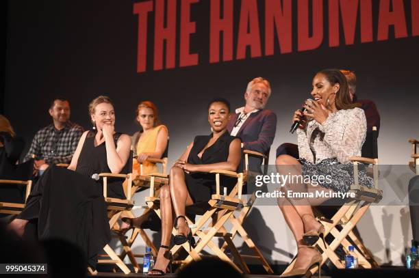 Yvonne Strahovski, Samira Wiley, Amanda Brugel, Colin Watkinson, Madeline Brewer, Bradley Whitford and Mike Barker speak onstage during "The...