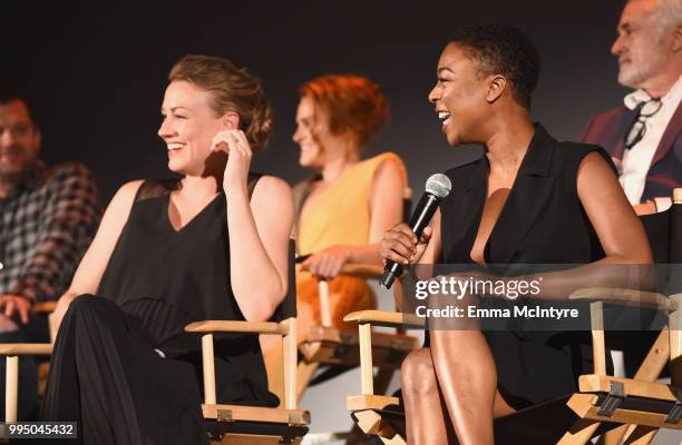 Yvonne Strahovski and Samira Wiley speak onstage during "The Handmaid's Tale" Hulu finale at The Wilshire Ebell Theatre on July 9, 2018 in Los...