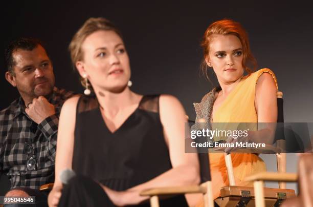 Colin Watkinson, Yvonne Strahovski and Madeline Brewer speak onstage during "The Handmaid's Tale" Hulu finale at The Wilshire Ebell Theatre on July...