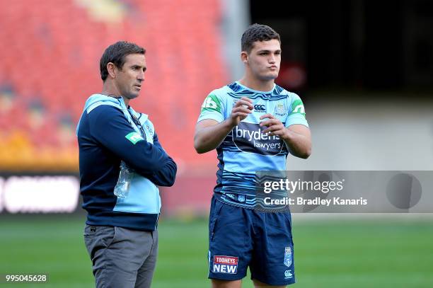 Nathan Cleary talks tactics with Andrew Johns during the New South Wales Blues State of Origin Captain's Run at Suncorp Stadium on July 10, 2018 in...