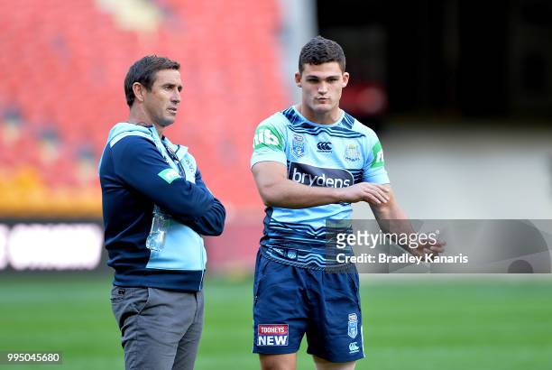 Nathan Cleary talks tactics with Andrew Johns during the New South Wales Blues State of Origin Captain's Run at Suncorp Stadium on July 10, 2018 in...
