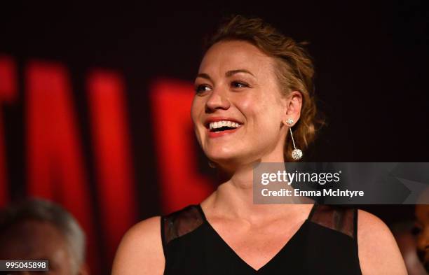 Yvonne Strahovski speaks onstage during "The Handmaid's Tale" Hulu finale at The Wilshire Ebell Theatre on July 9, 2018 in Los Angeles, California.