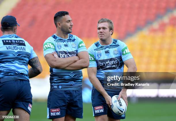 Jake Trbojevic passes the ball during the New South Wales Blues State of Origin Captain's Run at Suncorp Stadium on July 10, 2018 in Brisbane,...