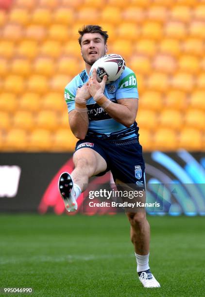 Angus Crichton catches the ball during the New South Wales Blues State of Origin Captain's Run at Suncorp Stadium on July 10, 2018 in Brisbane,...