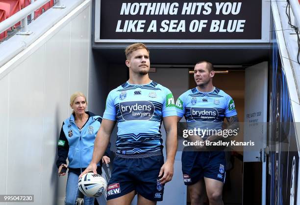 Jack de Belin walks out onto the field during the New South Wales Blues State of Origin Captain's Run at Suncorp Stadium on July 10, 2018 in...