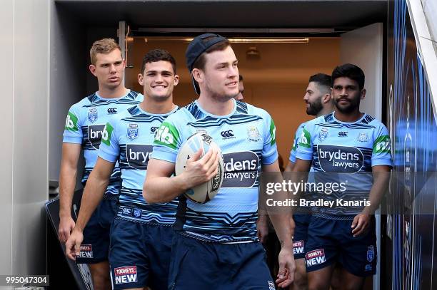 The Blues players enter the field during the New South Wales Blues State of Origin Captain's Run at Suncorp Stadium on July 10, 2018 in Brisbane,...