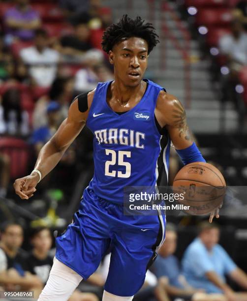 Wes Iwundu of the Orlando Magic brings the ball up the court against the Phoenix Suns during the 2018 NBA Summer League at the Thomas & Mack Center...