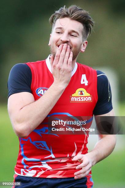 Marcus Bontempelli of the Bulldogs reacts during a Western Bulldogs AFL media opportunity at Whitten Oval on July 10, 2018 in Melbourne, Australia.