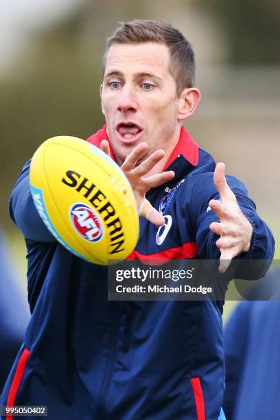 Year old Dale Morris of the Bulldogs, tipped to play on next year by Bulldogs head coach Luke Beveridge, marks the ball speaks to the media during a...