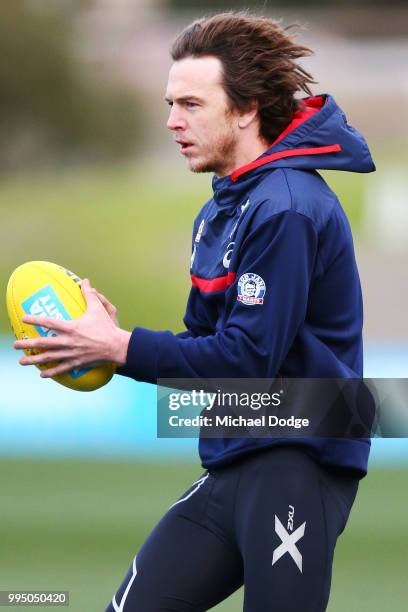 Liam Picken of the Bulldogs, out with concussion for this season so far, marks the ball during a Western Bulldogs AFL media opportunity at Whitten...