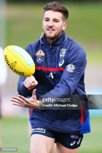 Marcus Bontempelli of the Bulldogs marks the ball during a Western Bulldogs AFL media opportunity at Whitten Oval on July 10, 2018 in Melbourne,...